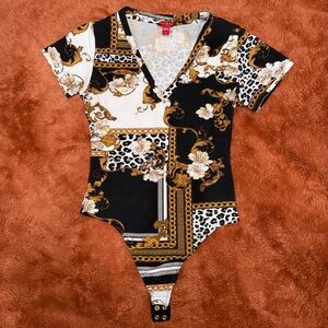 Guess Black and Gold Floral Chain Bodysuit